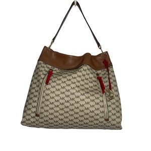 Authentic Michael Kors LEX Large Signature Hobo Natural Brown w/Red NWT